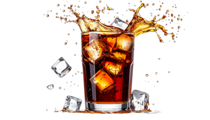 Glass of dark brown bubbly beverage with ice cubes, splash, and droplets