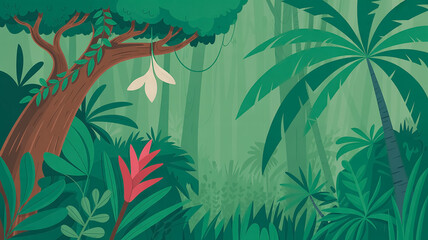 A digital illustration of a lush tropical rainforest scene with a misty green background.