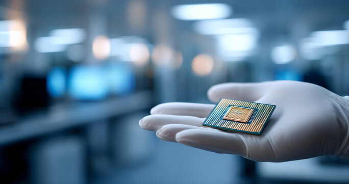 Close-up of gloved hand holding a computer microchip in a modern laboratory with blurred background and cool lighting