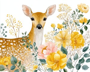 Watercolor baby deer fawn with yellow wildflowers and eucalyptus, woodland floral illustration on white background