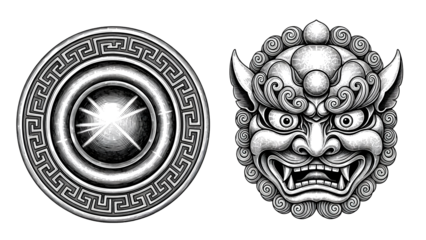Black and white illustration of a mythical creature head and circular symbol on transparent background
