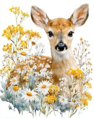 Watercolor baby deer fawn with wildflowers and daisies, cute woodland animal illustration on white background