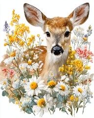 Cute baby deer fawn surrounded by wildflowers, watercolor woodland animal illustration on white background