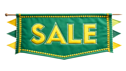 A green sale tag label with yellow text isolated on a white or transparent background.