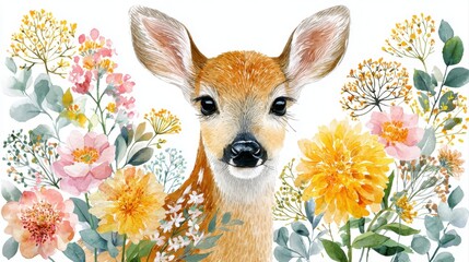 Watercolor baby deer fawn portrait with pastel wildflowers and greenery, cute woodland nursery illustration on white background
