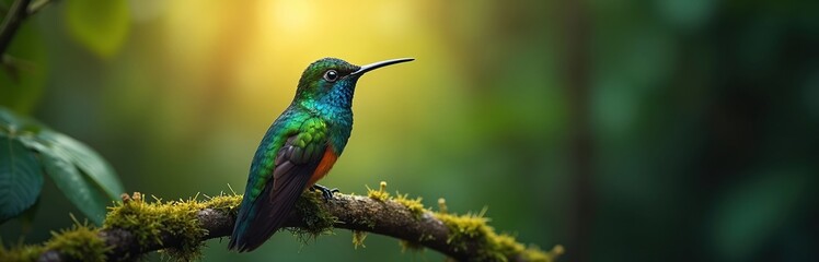 Fototapeta premium Emerald green hummingbird with orange breast rests on mossy tree branch. Tiny bird with long beak surveys jungle foliage. Sunlight shines through leaves creating warm bokeh effect.