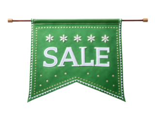 A green sale tag label  with white text isolated on a white or transparent background.