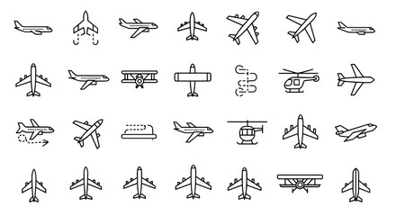Naklejka premium Collection of stylized aircraft icons including airplanes, helicopters, and biplanes for various transport and travel concepts