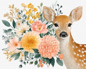 Watercolor baby deer fawn with floral bouquet, woodland animal nursery illustration on textured paper