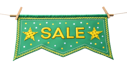 A green sale tag label with yellow text isolated on a white or transparent background.
