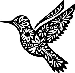 Mexican Talavera style hummingbird silhouette with floral folk motifs design art
