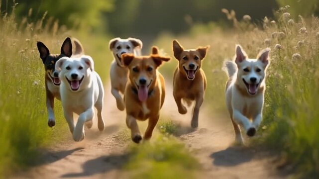 Group of happy dogs running on a dirt path