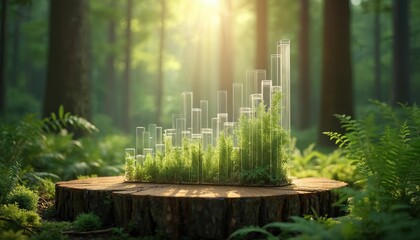 Glass cylinders with growing plants form a bar chart on a tree stump in a sunlit forest. This visual represents ecological growth data and sustainable development.