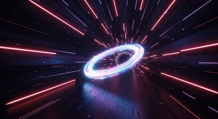 Futuristic tunnel interior features a glowing, swirling ring of light moving forward at high speed