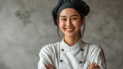 <Smiling Female Chef in Uniform Showcasing Culinary Creativity in a Restaurant Kitchen》