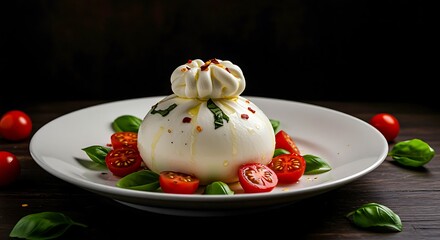 Fresh Burrata Cheese with Cherry Tomatoes and Basil on a White Plate italian cheese fresh cheese