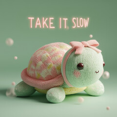 Soft pastel knitted turtle plush with pink bow and take it slow motivational message on green background