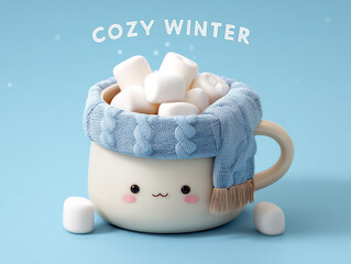 Adorable hot cocoa mug with marshmallows and knitted scarf in cozy winter kawaii illustration style