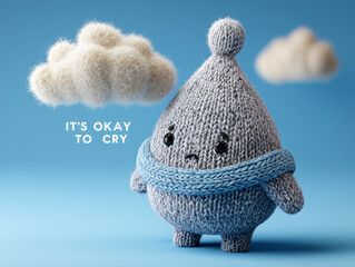 Sad knitted raindrop plush with blue scarf and it&rsquo;s okay to cry emotional message in soft blue setting