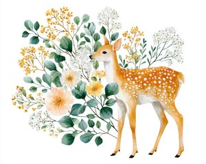Watercolor fawn deer with wildflowers and eucalyptus leaves, woodland nursery animal illustration on white background