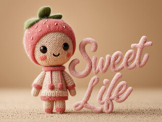 Cute knitted doll in strawberry costume with sweet life text on soft beige background