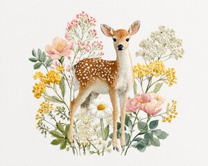 Watercolor baby deer fawn with wildflowers, cute woodland animal floral illustration on white background