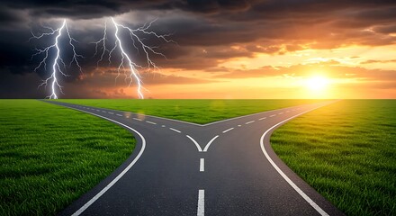 Forking Road Through Green Field With Lightning Storm And Sunset Sky junction choice