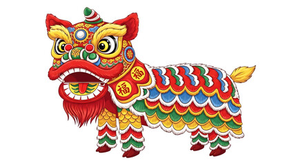 Naklejka premium Multicolored lion dance illustration with scales and decorative elements on transparent background