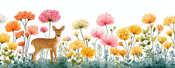 Watercolor Baby Deer Fawn in Wildflower Meadow, Spring Floral Nature Illustration Banner