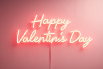 Glowing Happy Valentine's Day neon sign text on a pink wall, romantic holiday decoration concept