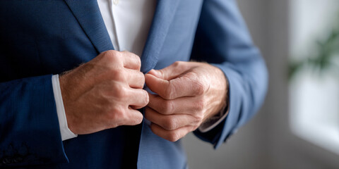 Obraz premium Close-up of a man buttoning a blue suit jacket with a white shirt in a bright indoor setting