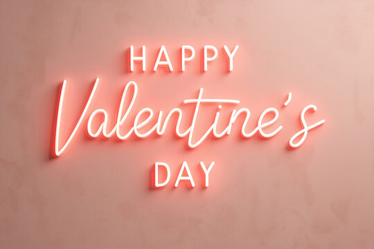 Clean and sharp neon sign saying Happy Valentine's Day on pastel pink wall - Powered by Adobe