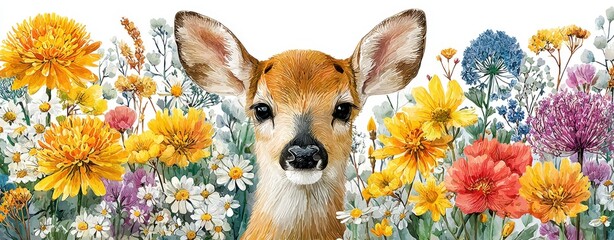 Cute baby deer fawn in wildflower meadow, watercolor floral illustration banner with spring and summer garden flowers
