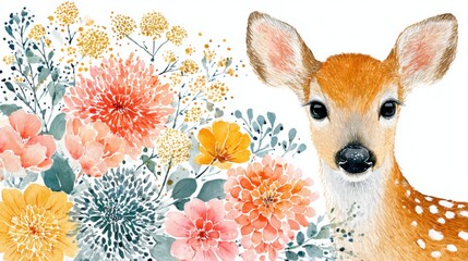 Watercolor baby deer fawn portrait with colorful wildflowers, floral nursery illustration on white background
