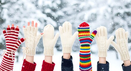 Hands Wearing Colorful Winter Mittens and Gloves Raised in Snowfall arms