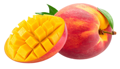 Half-cut mango with diced flesh, beside a peach with leaves. Vivid colors and contrast