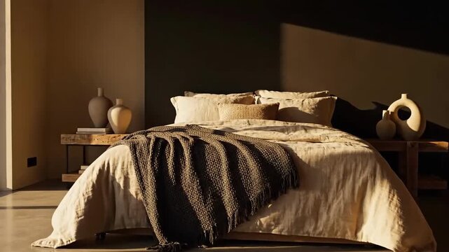 Sunlight Kissed Modern Bedroom Interior Design with Natural Materials and Earth Tone Color Palette