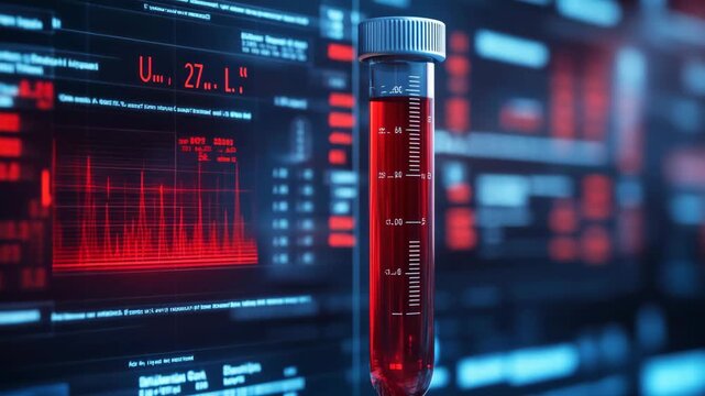 selective focus glowing serum sample with floating biochemical values