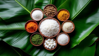 Pongal festival food offerings on banana leaves, South Indian harvest celebration