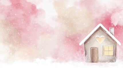 Warm winter scene with a cozy house and heart-shaped window during a snowy day