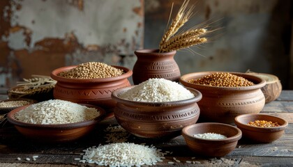 Pongal harvest festival food assortment on rustic surface, traditional Indian still life