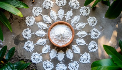 Kolam pattern surrounding Pongal pot, traditional South Indian harvest festival symbol