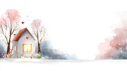 Snow falls around a small house with heart decorations and trees in a winter landscape during the daytime