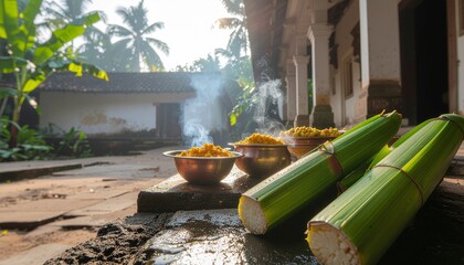 Sugarcane with Pongal food offerings, South Indian harvest festival scene