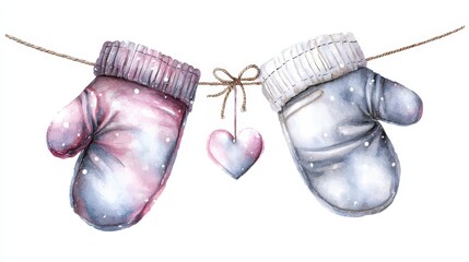 Mittens hang on a string with a heart between them during winter time