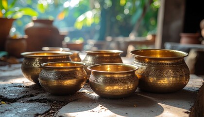 Traditional brass utensils for Pongal cooking, South Indian festival kitchen still life