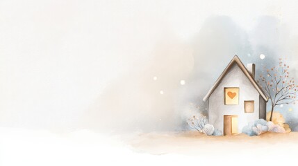 Cute house with heart symbol stands in a peaceful setting with trees and soft colors during a calm day