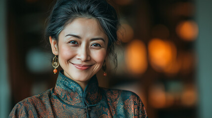Portrait of Smiling Woman in Traditional Clothing: Asian Beauty in Elegant Ethnic Fashion
