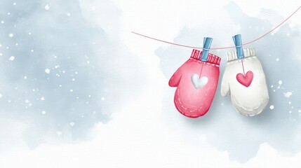 Warm mittens hang on a line during winter, with soft snowflakes in the background in a cozy setting