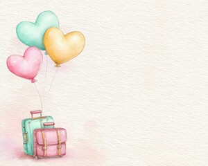 Colorful balloons float above travel bags on a light background in a simple scene that suggests adventure and journey